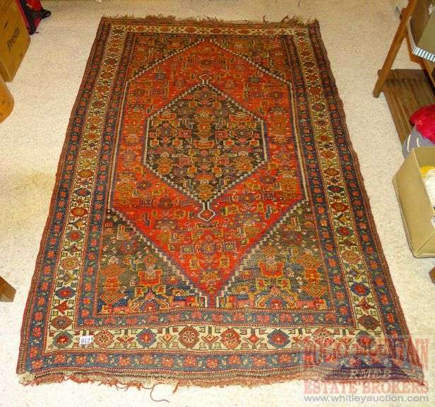 Vintage Deep Red & Blue Persian Style Rug W/ Center Medallion & Very