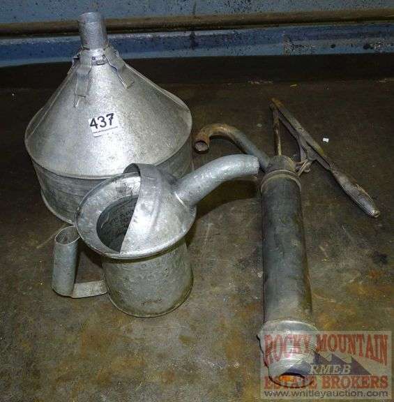 Galvanized Oil Can, Funnel & Pump. All for one money. Rocky Mountain Estate Brokers Inc.
