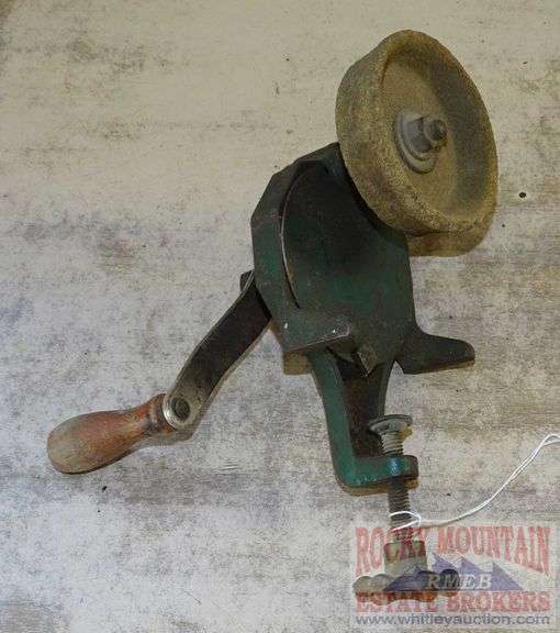 Vintage Clamp On Hand Crank Sharpening Wheel. Rocky Mountain Estate