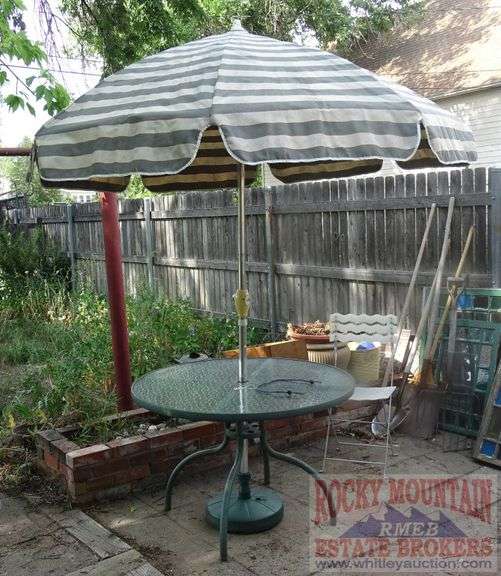 Round Glass Top Patio Table with Umbrella & Weighted Umbrella Base