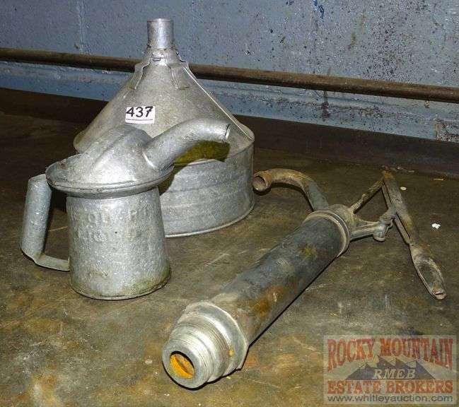 Galvanized Oil Can, Funnel & Pump. All for one money. Rocky Mountain Estate Brokers Inc.