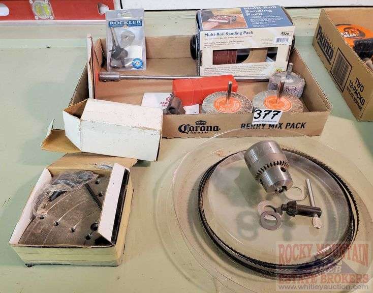 Flap sanders, sanding pack, drill chuck, flat jaws for lathe chuck