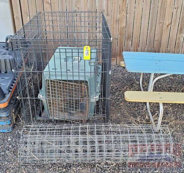 2 animal kennels & partial roll of wire fencing. Large kennel is 28x25x41. Rocky Mountain