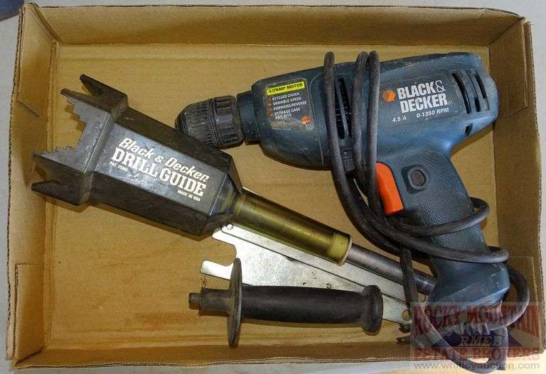 Black and Decker Model DR210 10MM drill, with drill guide, handle and