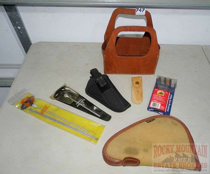 Leather cartridge carrier, pistol case, gun brushes, holster, gun
