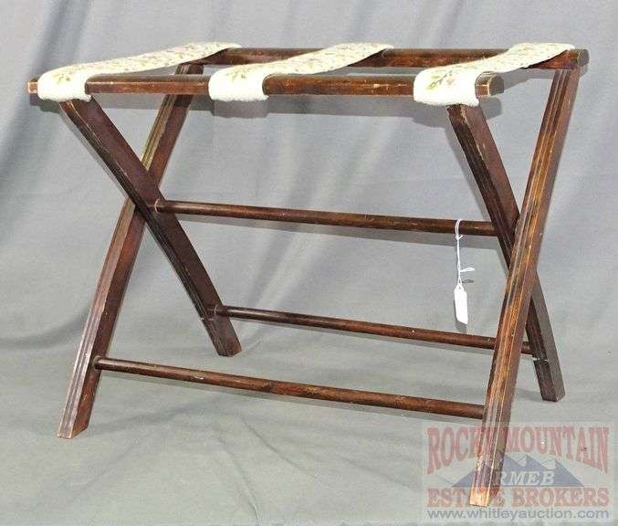 Cute vintage folding luggage rack with needlepoint straps, 18"X22"X14