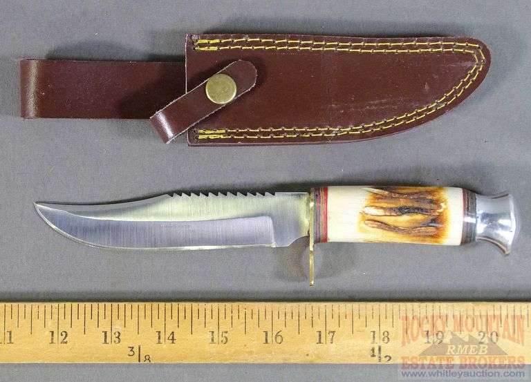 9.5" Straight blade hunting knife with bone handle. Rocky Mountain