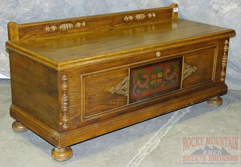 Wonderful Roos antique oak, cedar lined, blanket chest with carving