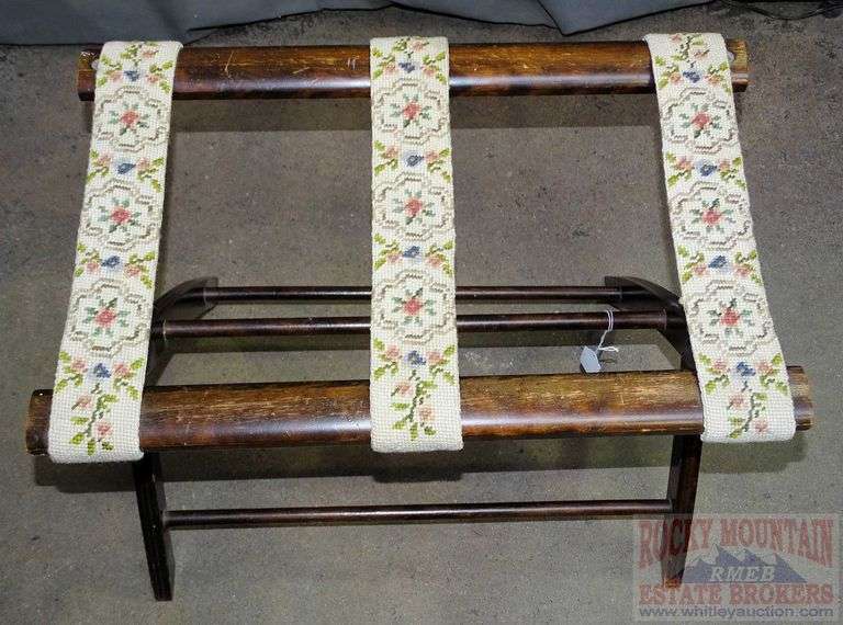 Cute vintage folding luggage rack with needlepoint straps, 18"X22"X14