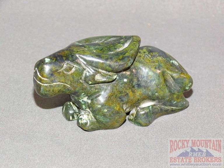 Older hand carved dark green Jade water buffalo sculpture. 3" long. Rocky Mountain Estate