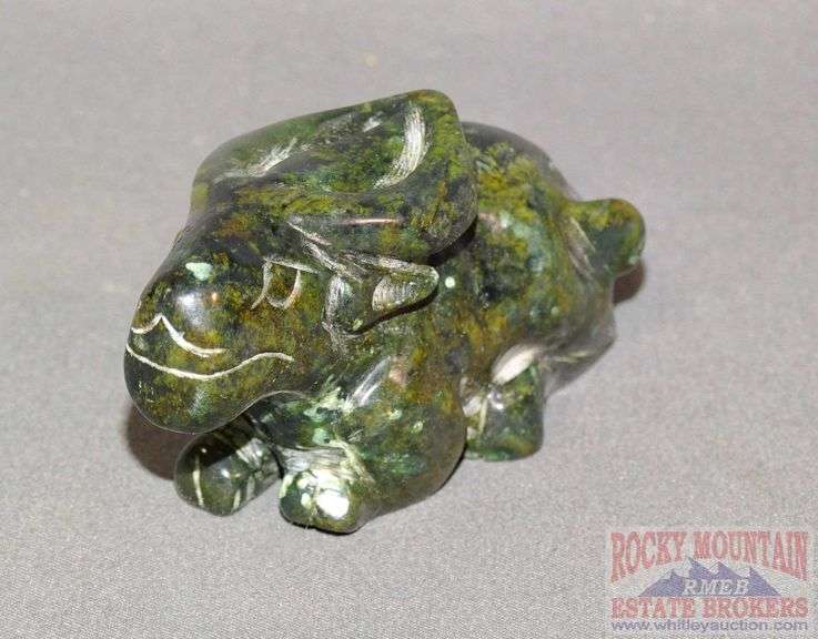 Older hand carved dark green Jade water buffalo sculpture. 3" long. Rocky Mountain Estate