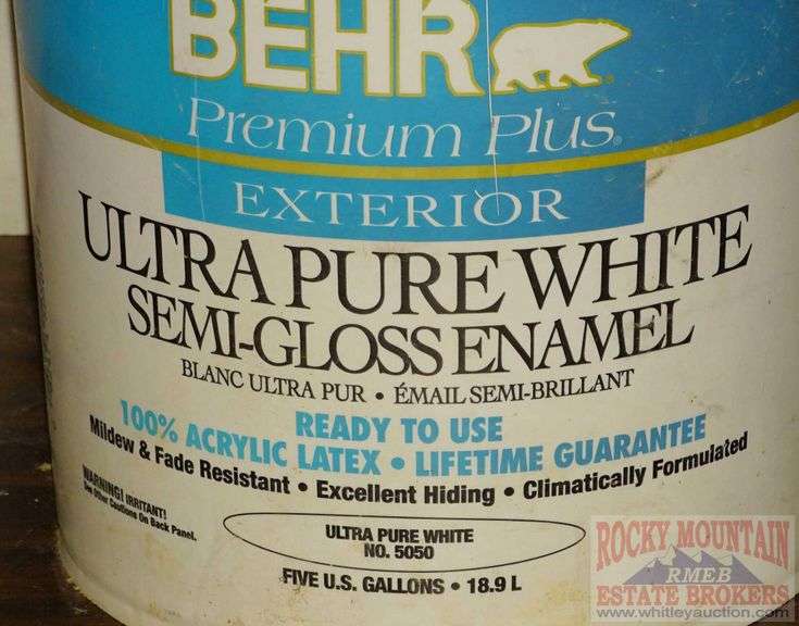 Partial 5 gallon bucket Behr pure white paint. Rocky Mountain Estate