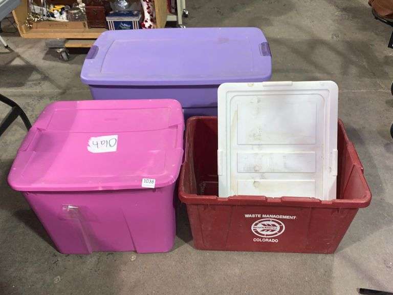 Asst. plastic storage tubs with lids & recycle bin. All for one money