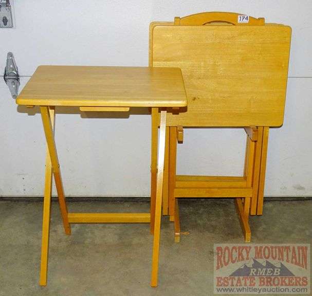 Pine folding table set with stand. Rocky Mountain Estate Brokers Inc.