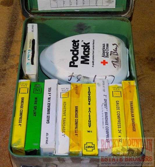 Vintage Blue Bird school bus first aid kit w/ contents. Rocky