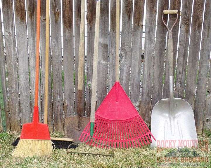 2 brooms, 2 rakes & aluminum scoop shovel. All for one money. Rocky