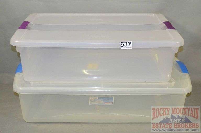 2 Sterilite plastic storage tubs. Largest is 6"X27"X16". Both for one