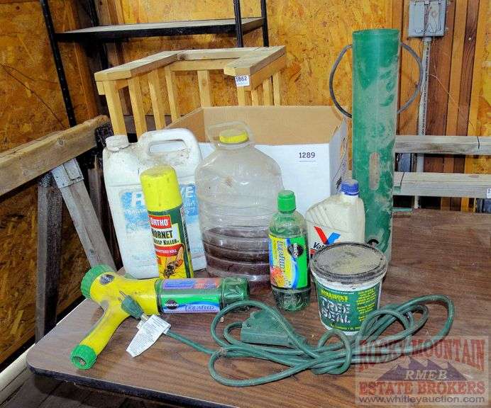 Green extension cord w/ triple tap, humming bird feeder, fertilizer