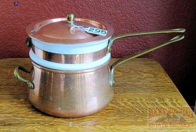 Copper double boiler with white porcelain insert. Pan is 7" diameter