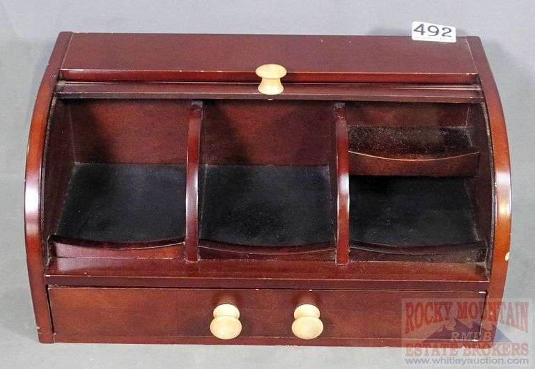 Nice cherry finish roll top desk organizer, jewelry box/watch case. Rocky Mountain Estate