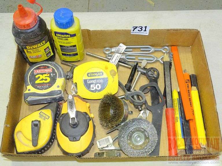 DeWalt chalk lines, extra chalk, speed squares, tape measure, string