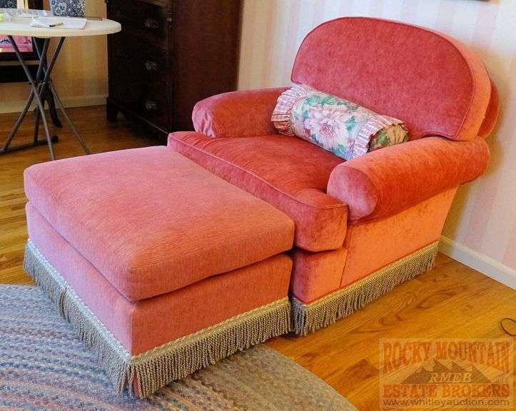 Cute Pink Velvet Oversized upholstered chair with rolled arms, fringed