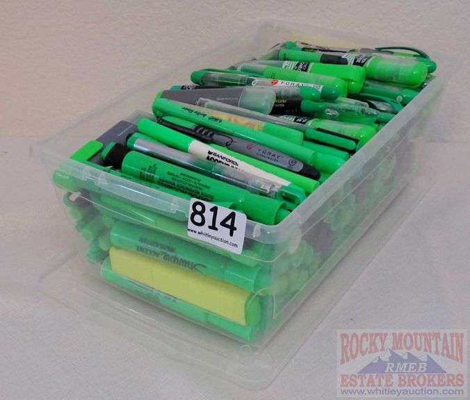 Large Assortment of Green Highlighters in Plastic Shoe Box. All for one