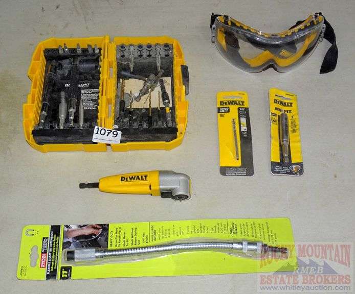 DeWalt right angle chuck, safety goggles, DeWalt drill bits, Ryobi
