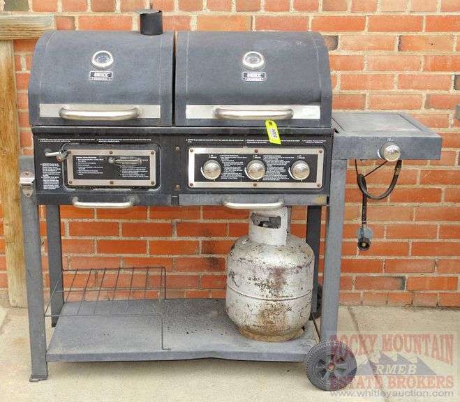 Backyard Grill charcoal & gas combo grill with side burner & propane bottle. Rocky Mountain