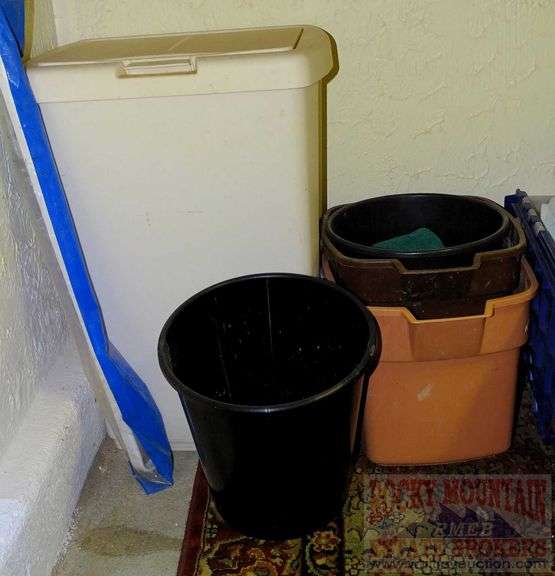 Laundry hamper, trash can, buckets & assorted towels. All for one money