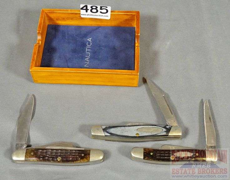 Case XX 6347 HP & 6318 HP & Buck 301 3 blade pocket knives in wooden