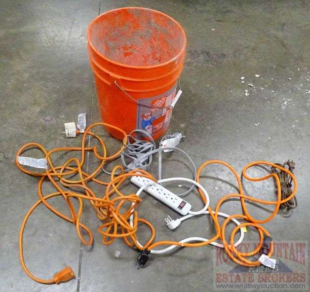 Asst. Extension Cords & Power Strip in 5 Gallon Plastic Bucket. Rocky