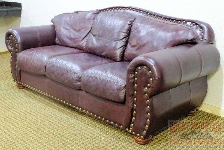 Dark Brown Leather Sofa with Curved Back, Rolled Arms, Upholstery Tack