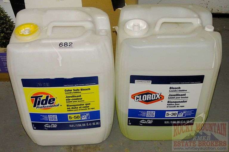 Partial 5 Gallon Jug of Tide Professional Bleach, and Partial 5 Gallon