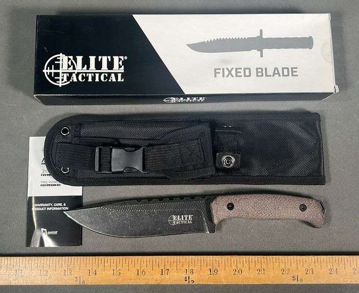 New Elite Tactical 11" straight blade tactical knife with nylon sheath. Rocky Mountain Estate