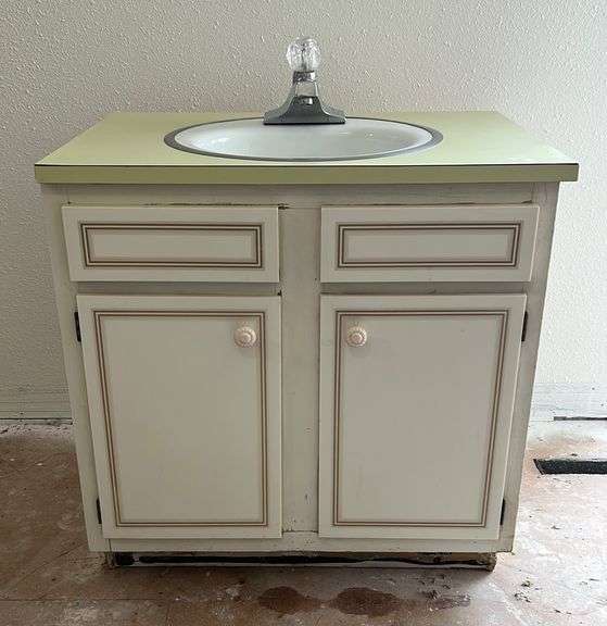 Vintage 2 door bathroom vanity with sink, faucet & counter top. Vanity