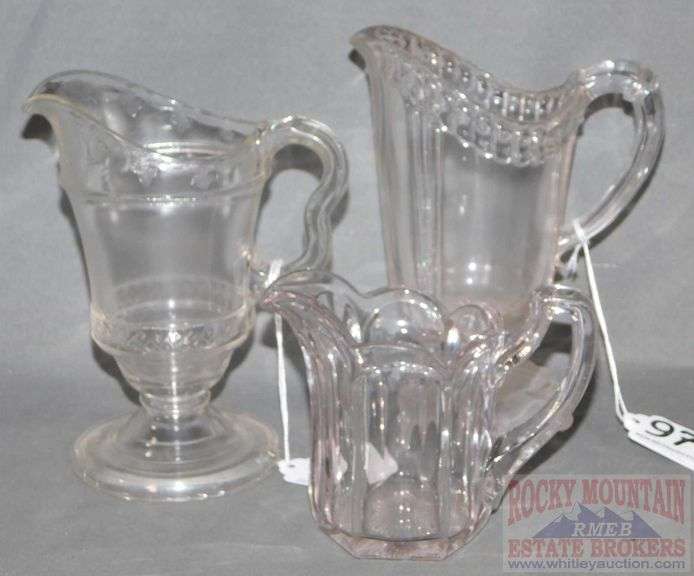 3 Vintage Pressed Glass Creamers. Tallest is 7". All for one money. Rocky Mountain Estate