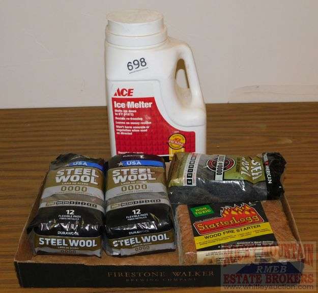 Jug of Icemelt (about full), 3 bags of steel wool & firestarter log