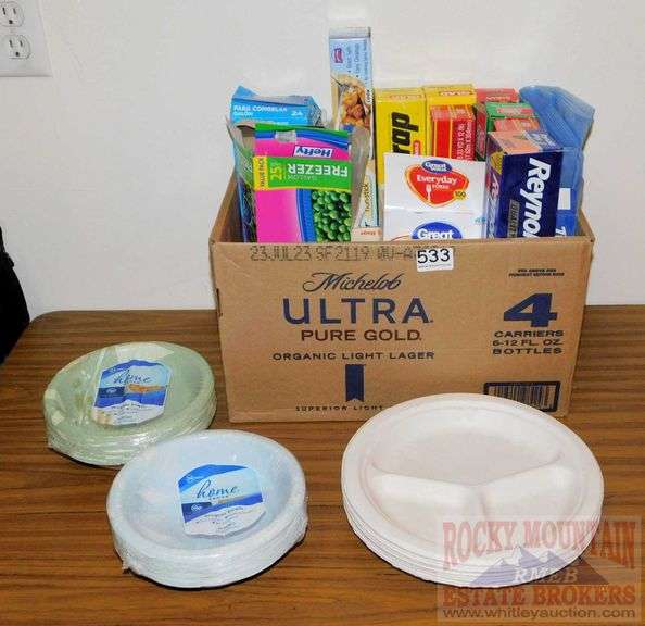 Assorted Ziploc bags, paper plates, cling wrap, plastic forks and more