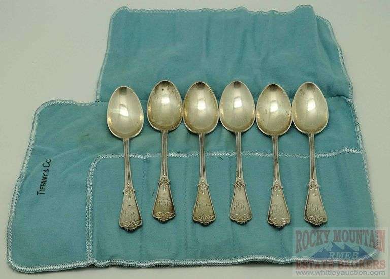 6 Tiffany & Co. Sterling Silver Dessert Spoons with Blue Cloth Tiffany