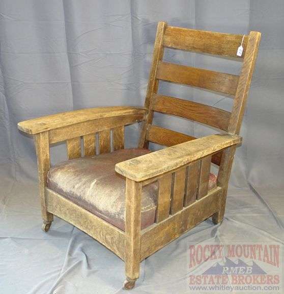 Antique Oak Mission Style Morris Chair with Slatted Sides, Ladder Back and Pegged Construction