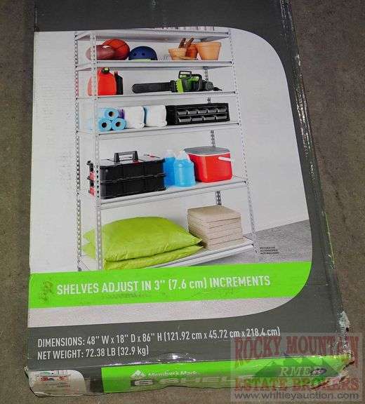 New Member's Mark 6Shelf Industrial Strength Storage Rack. The steel frame has a silver powder