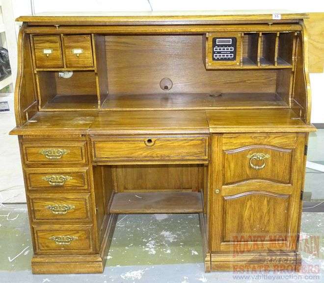 Nice SCurve Oak Roll Top Desk with Computer Keyboard Tray, 50"X55"X30