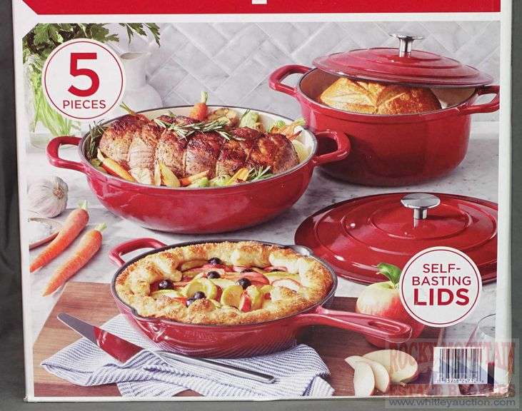 New Member's Mark 5Piece Red Enamel over Cast Iron Cookware Set. This