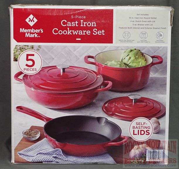 New Member's Mark 5Piece Red Enamel over Cast Iron Cookware Set. This