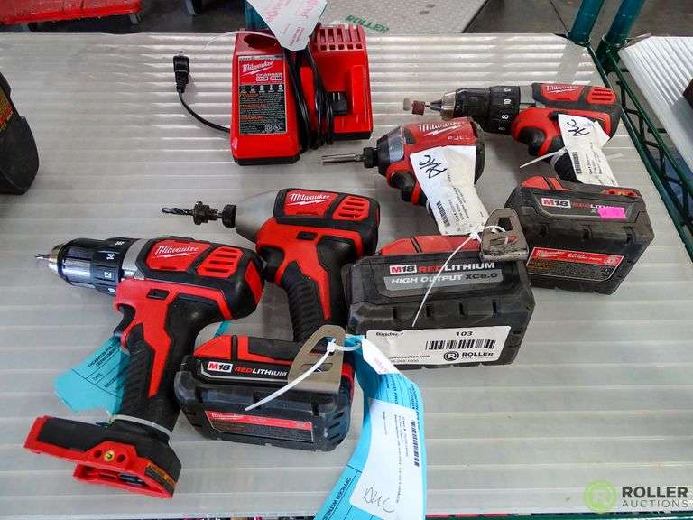(2) Milwaukee Drills, (2) Milwaukee Impact Drivers, Batteries and