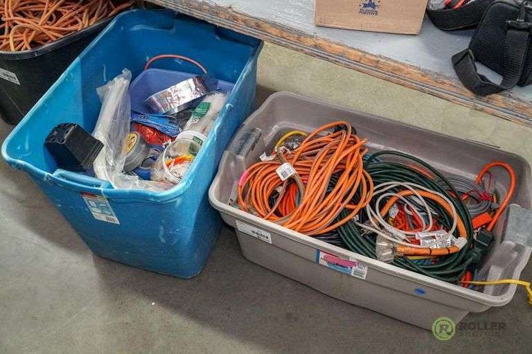 (2) Totes of Electrical Cords, Zip Ties and Assorted Tools Roller