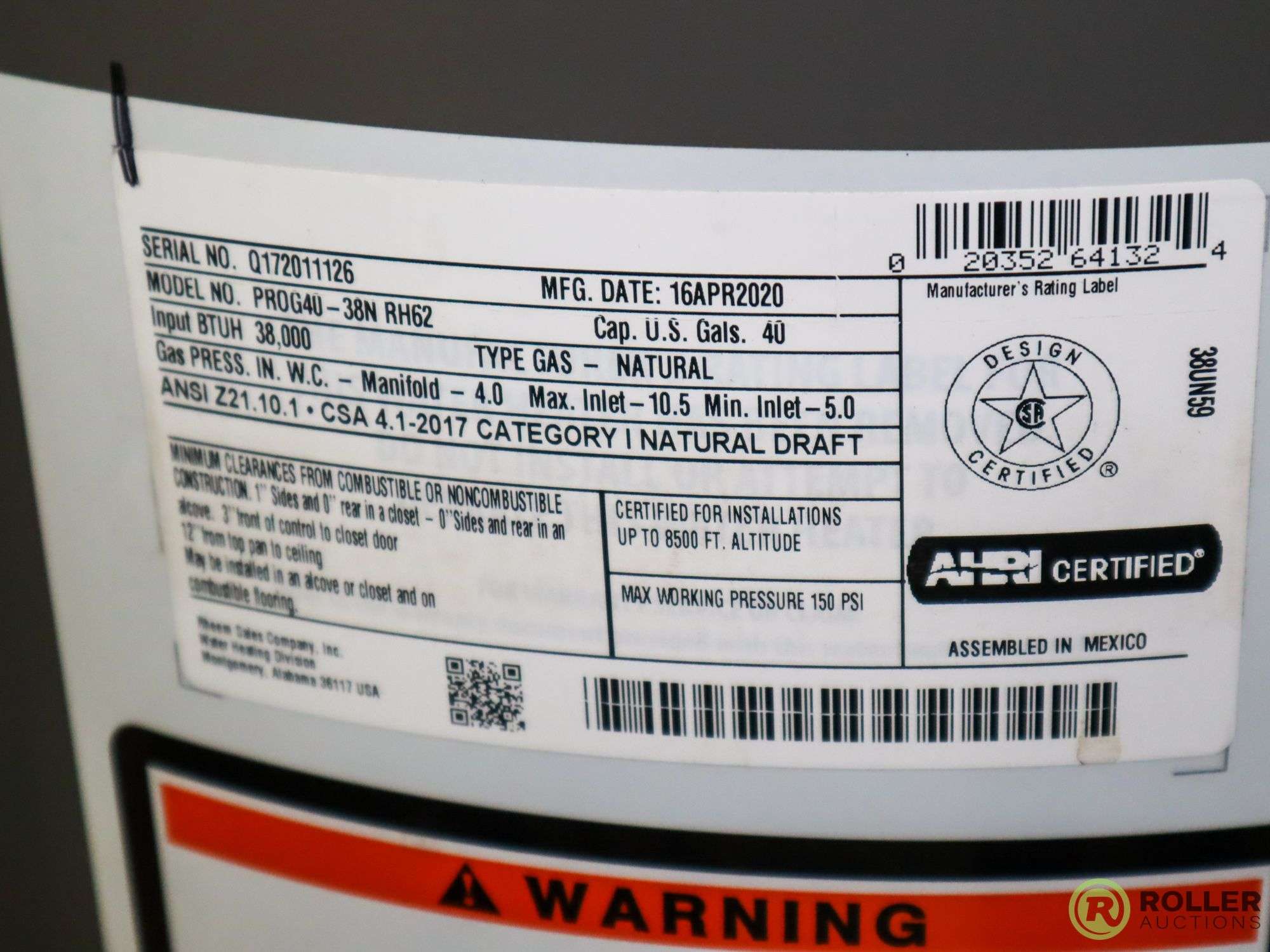 Rheem PROG40-38N Water Heater, Gas - Roller Auctions
