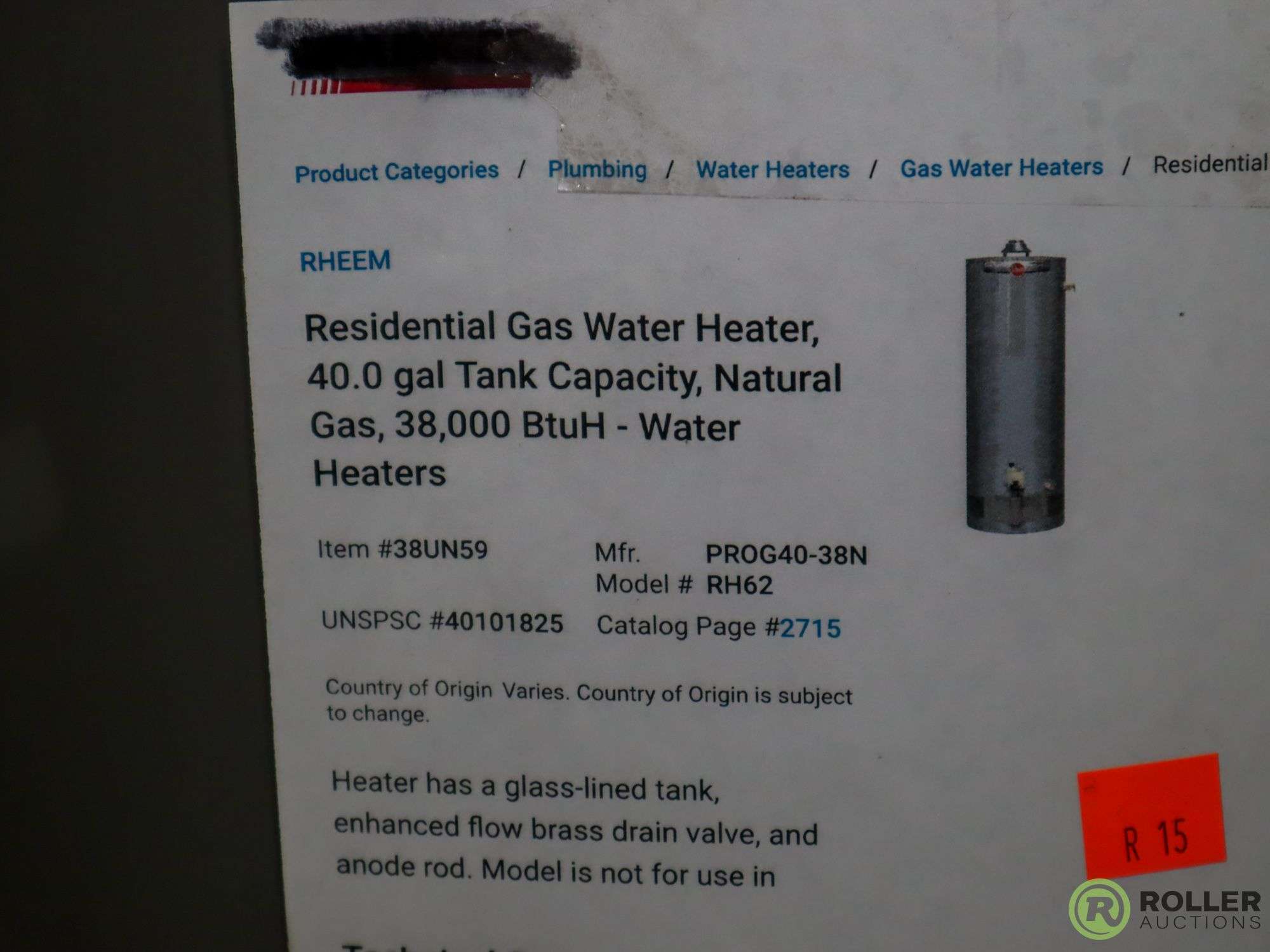 Rheem PROG40-38N Water Heater, Gas - Roller Auctions