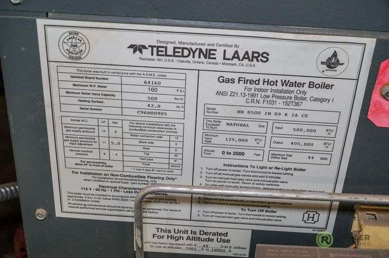 Teledyne Laars HH0500IN09K1ACE Gas Fired Hot Water Boiler Roller Auctions